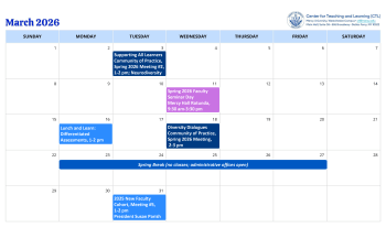 March 2026 calendar listing events for the Center for Teaching and Learning.