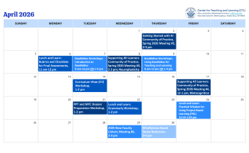 April 2026 calendar listing events for the Center for Teaching and Learning.