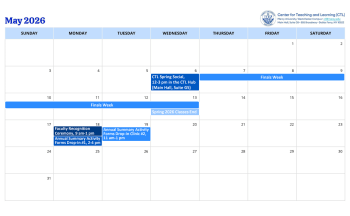 May 2026 calendar listing events for the Center for Teaching and Learning.