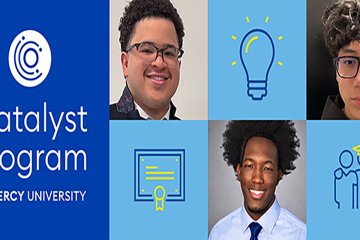 Catalyst Program logo and three of its honor students