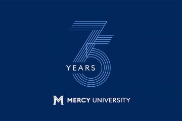 Mercy University 75th anniversary logo in blue background