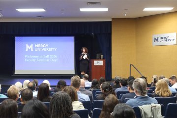 Provost Greenwood addresses faculty during Fall Faculty Seminar Day
