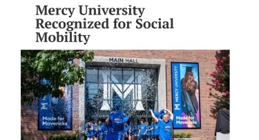 The Hudson Independent headline Mercy University Recognized for Social Mobility above a photo of Mercy students celebrating Mercy University launch