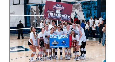 Mercy University Women's Volleyball Team celebrating heading to the NCAA Divisio9n II Championship tournament