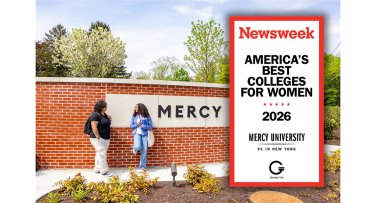 Mercy University entrance in Dobbs Ferry and Newsweek Best Colleges for Women 2026 badge for Mercy as #1 in New York