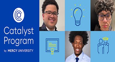 Catalyst Program logo and three of its honor students