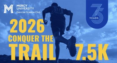 Image with runner and title 2026 Conquer the Trail 7.5K with Mercy University logo on top and 75th anniversary logo