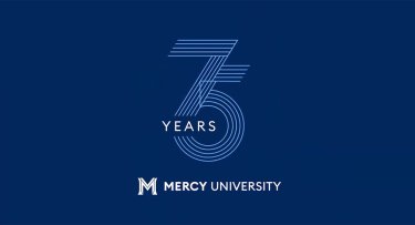 Mercy University 75th anniversary logo in blue background