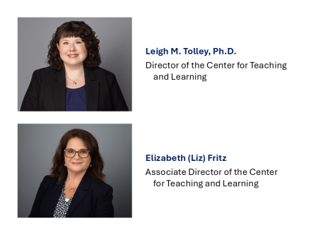 Headshots of two women smiling with their job titles to the right of their photos.
