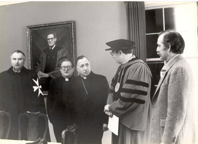 Historical photo of two papal dignataries with former Mercy president Donald Grunewald and Dr. Thomas Vesce, head of the Verrazzano Institute 
